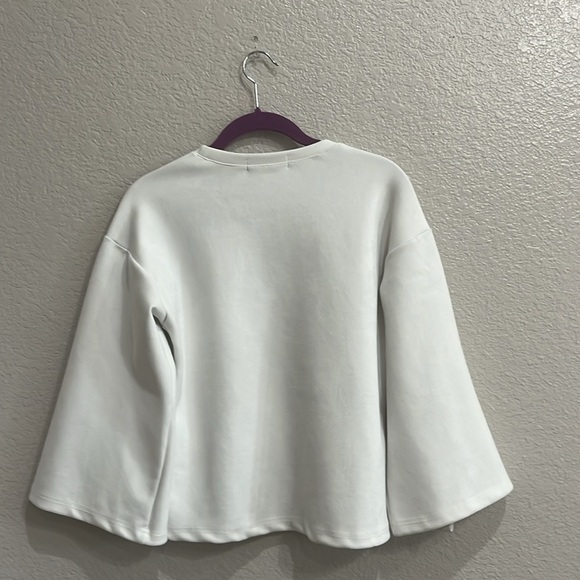 HYZJ Womens Crop Top Size M Ivory Suede Stretch Knit 3/4 Sleeve Round Neck - Picture 7 of 7